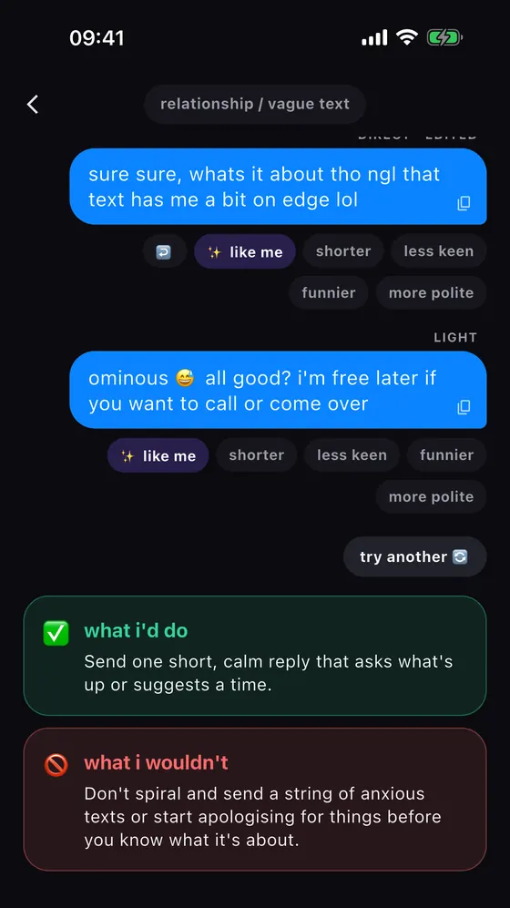 A reply rewritten in the user's own style, with tweak buttons