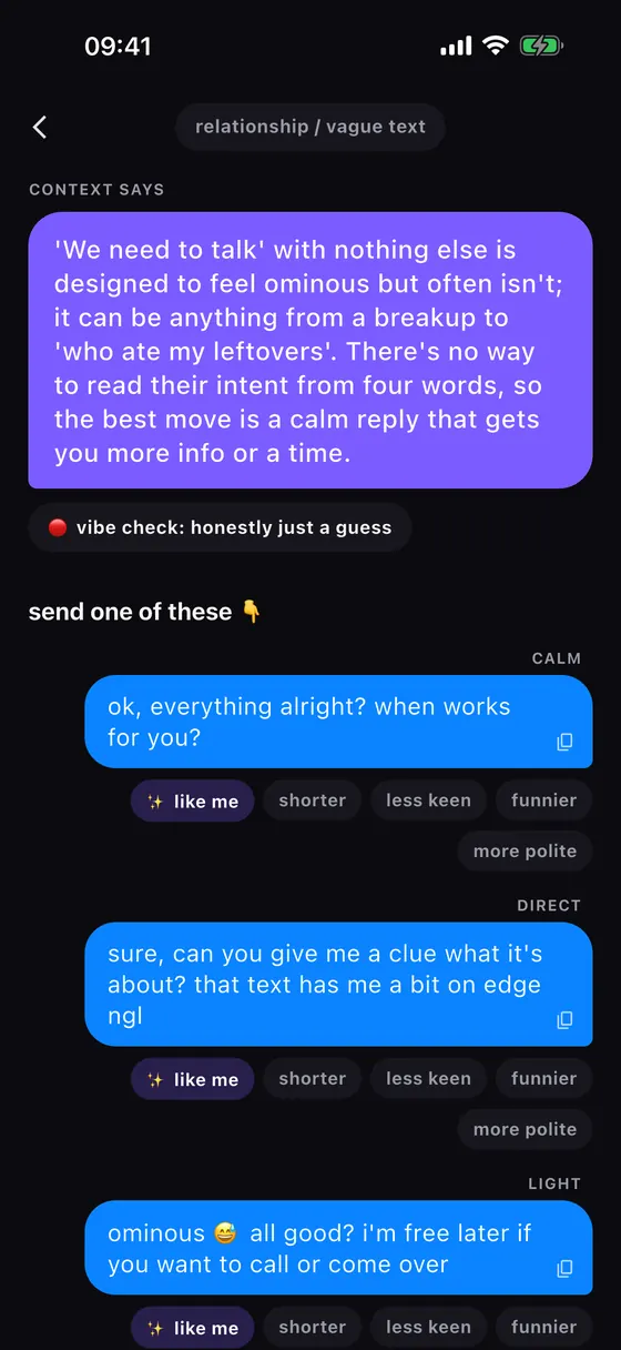 Context explaining a 'we need to talk' text, with three replies to send